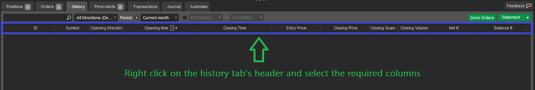 cTrader export columns selection